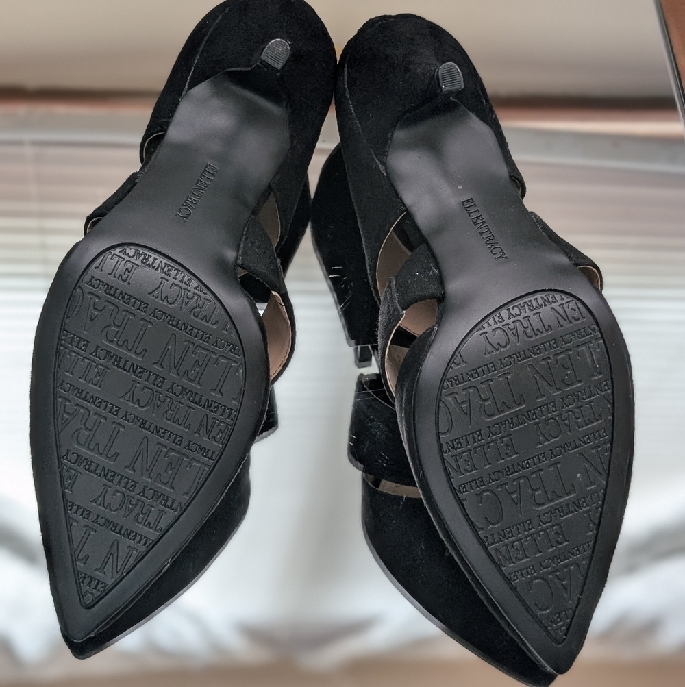 Ellen Tracy Women's Size 6.5 Black Suede Leather Almond Toe Strappy Zip Up Heels - Picture 8 of 13